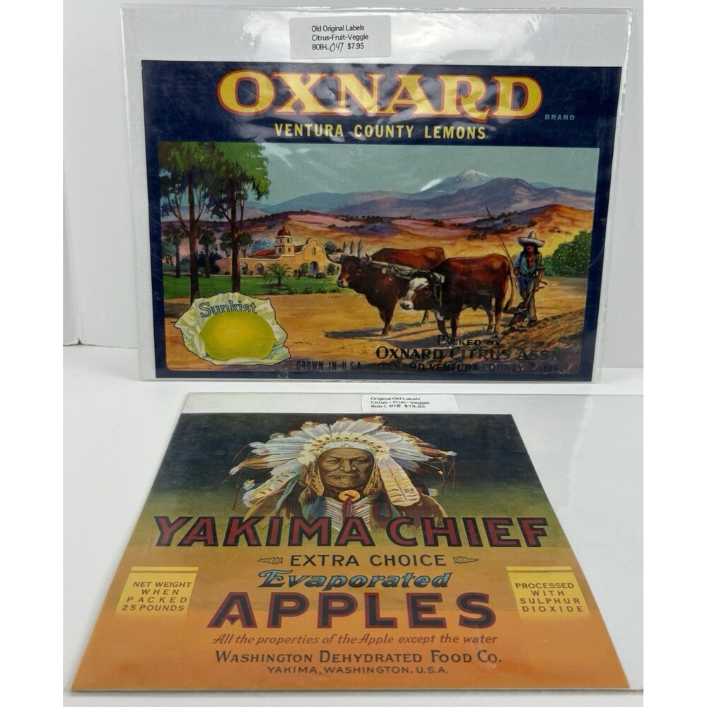 Lot of 2 Vintage Unused Fruit Crate Labels Oxnard Lemons Yakima Chief Apples NIP